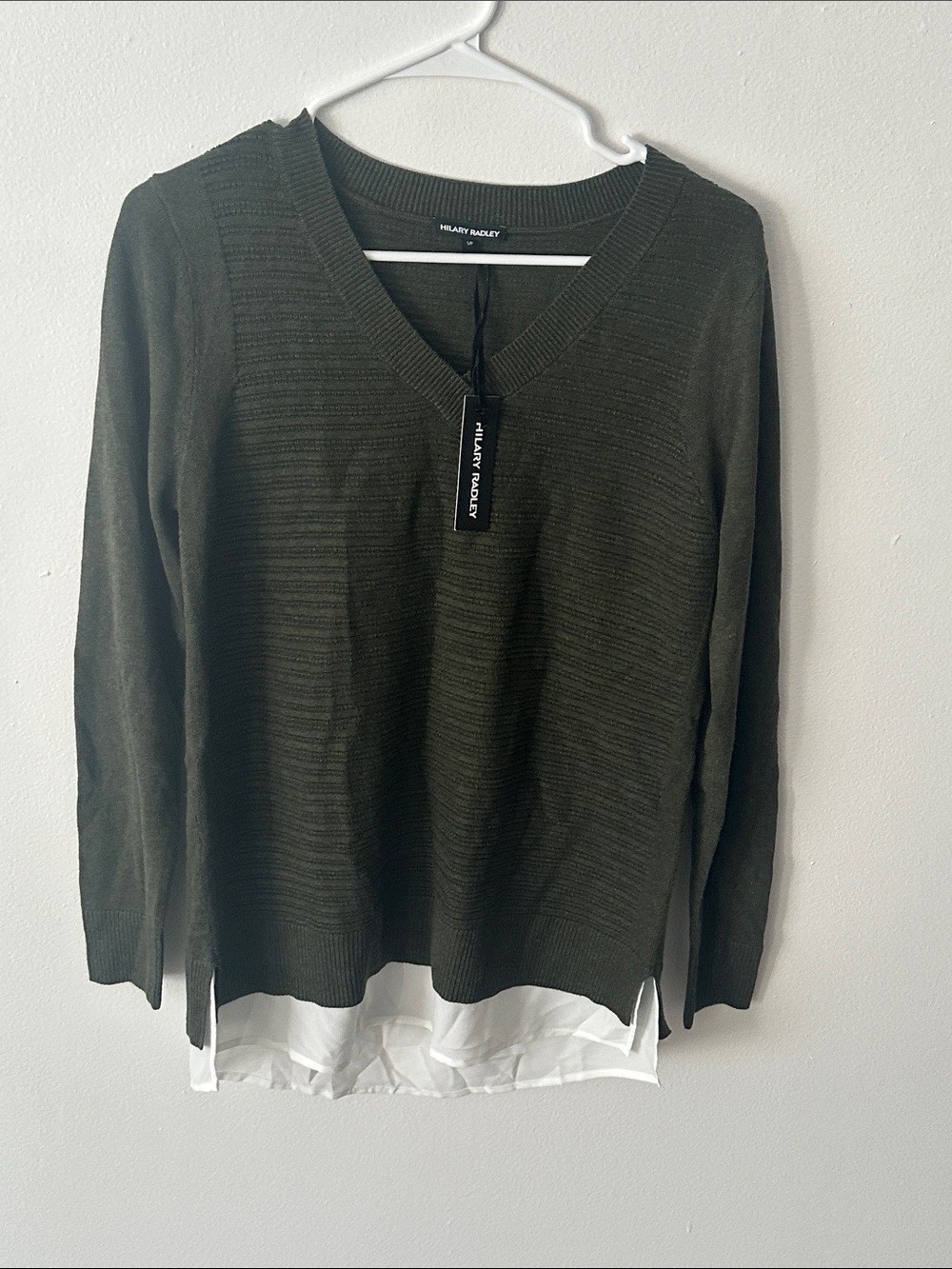 Hilary Radley Olive Green V-Neck Knit Sweater with White Layered Hem